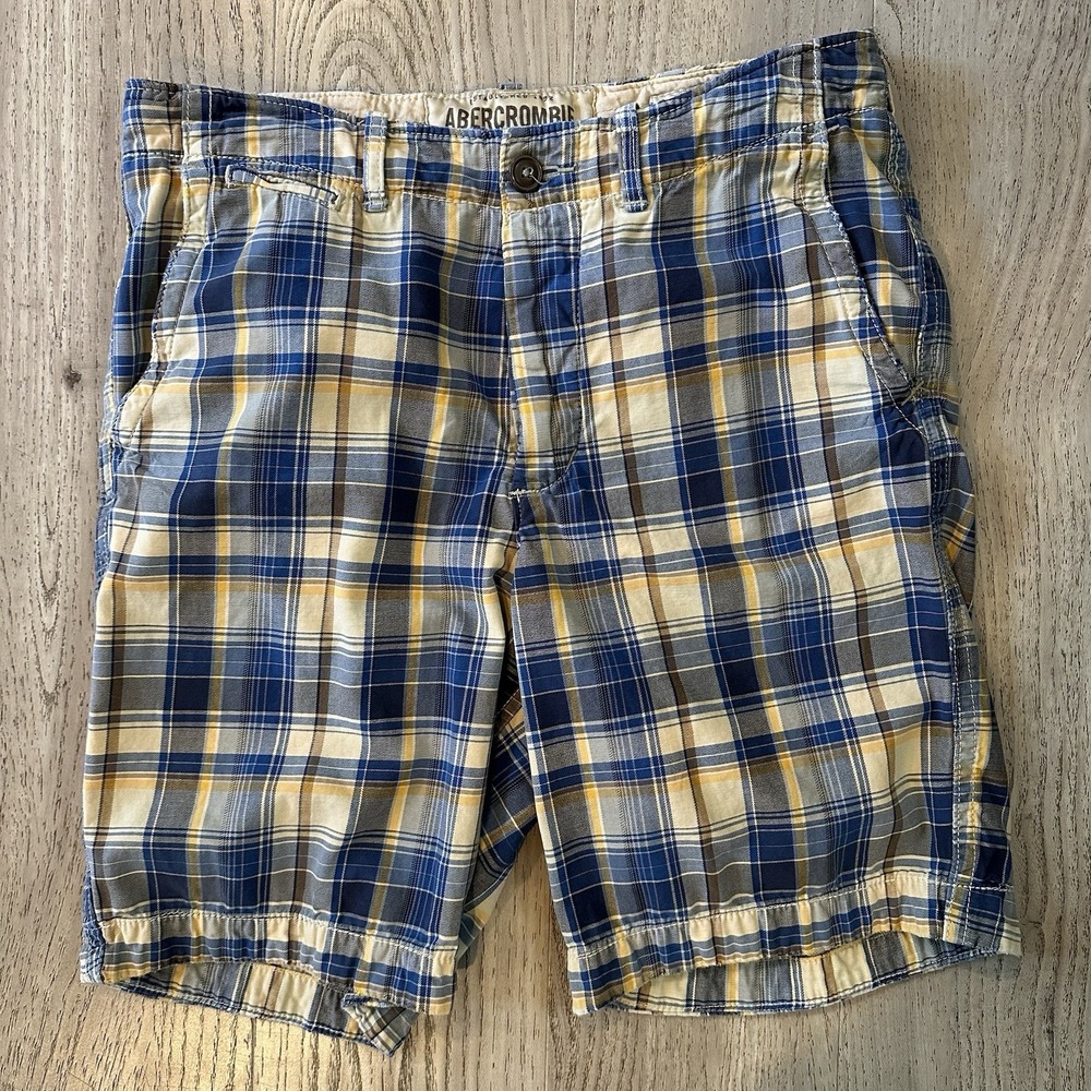 Vintage Abercrombie & Fitch Cargo Shorts Men Size 32 Blue Plaid Inner Drawstring